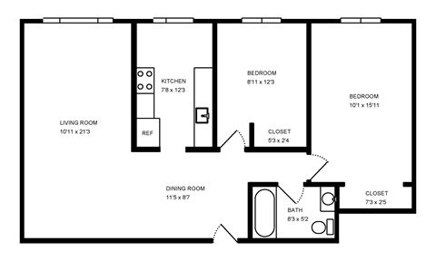 Floor plan for 2 beds, 1 bath, 875 sqft